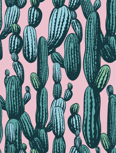 Print Seamless cactus pattern, vintage hand drawn illustrations with cactus cactus patterns stock illustrations
