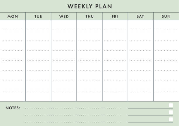 Printable A4 Basic Weekly Planer (Live Stroke Path) Printable A4 Basic Weekly Planer (Live Stroke Path) on the White and Light Green Background calendars templates stock illustrations