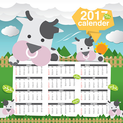 ２０１７印刷用カレンダーから日曜日のかわいい牛ます 17年のベクターアート素材や画像を多数ご用意 Istock