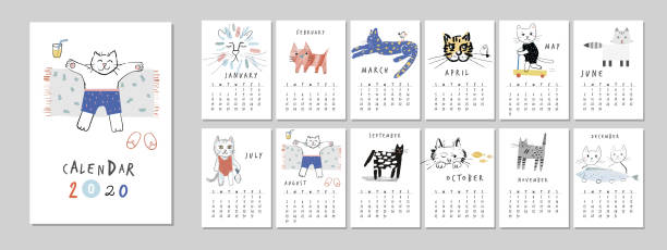 Printable creative template Calendar 2020 with fun and cute cats. printable of fish drawing stock illustrations