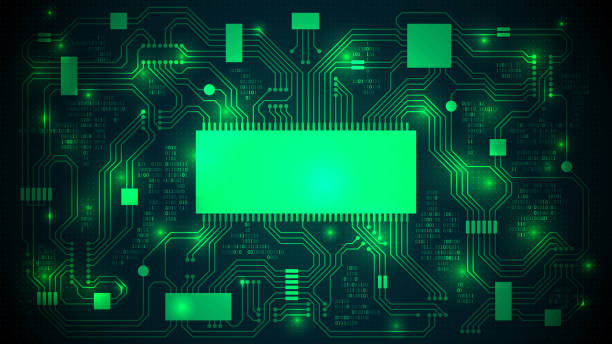 Printed circuit board with a processor, microchips and binary code. Abstract high-tech electronic background, copy space, template; well organized layers Printed circuit board with a processor, microchips and binary code. Abstract high-tech electronic background, copy space, template; well organized layers byte stock illustrations