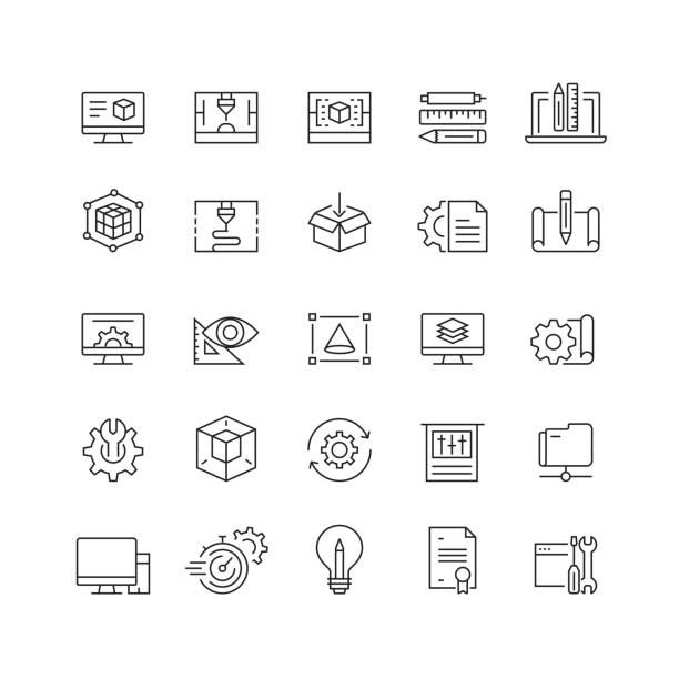 3D Printing and Modeling Related Vector Line Icons