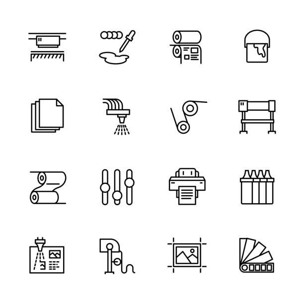 Printing house simple icon set. Contains such symbols printer, scanner, offset machine, plotter, brochure, rubber stamp. Polygraphy office, typography concept Printing house simple icon set. Contains such symbols printer, scanner, offset machine, plotter, brochure, rubber stamp. Polygraphy office, typography concept printing out stock illustrations