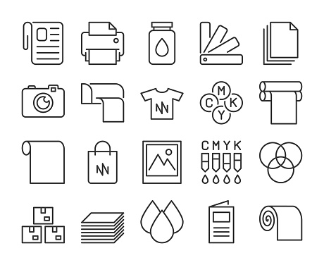 Printing Industry Vector Line Icons Set. Editable Stroke, 64x64 Pixel Perfect.