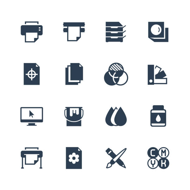Printing vector icon set in glyph style Printing vector icon set in glyph style printmaking technique stock illustrations