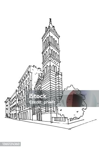 istock PrintVector sketch of St Paul's Within the Walls church (American Church) on Via Nazionale in Rome, Italy. 1365124360