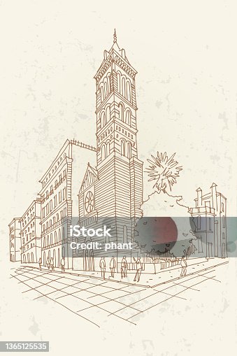 istock PrintVector sketch of St Paul's Within the Walls church (American Church) on Via Nazionale in Rome, Italy. 1365125535