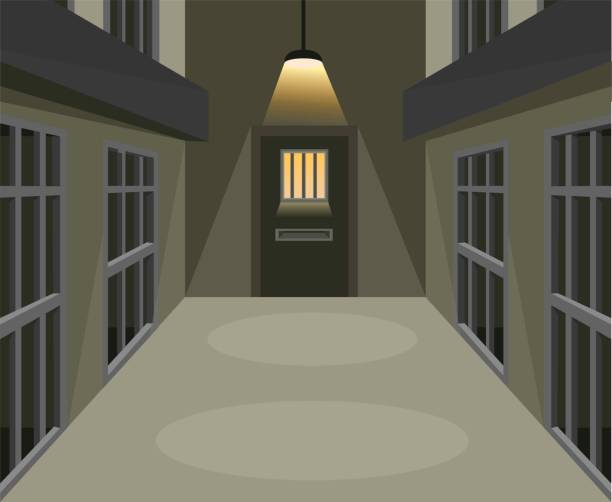 illustrazioni stock, clip art, cartoni animati e icone di tendenza di corridoio della cella della prigione nel concetto di scena scura nel vettore di illustrazione dei cartoni animati - alcaraz