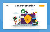 istock Privacy Data Protection, Internet Virtual Private Network Landing Page Template. Tiny Characters around of Huge Laptop 1284636512