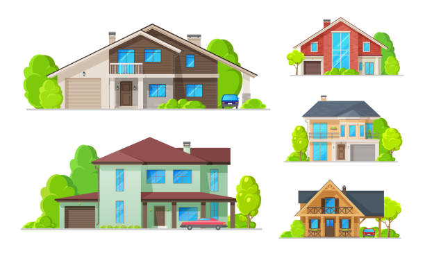 ilustrações de stock, clip art, desenhos animados e ícones de private houses, residential real estate buildings - family modern house window