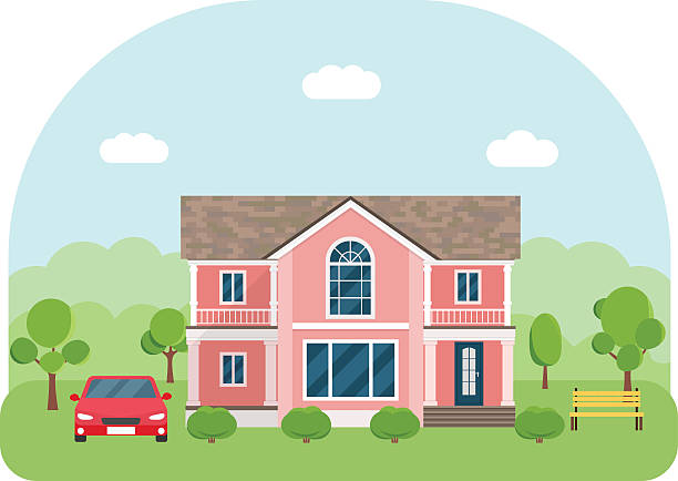 ilustrações de stock, clip art, desenhos animados e ícones de private living house with car. vector flat illustration - family modern house window