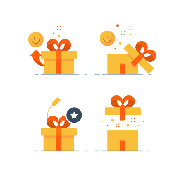 Prize give away, surprising gift, emotional present, fun experience, gift idea concept, flat icon Surprising gift set, prize give away, emotional present, fun experience, unusual gift idea concept, opened yellow box with red ribbon, flat design icon, vector illustration incentive illustrations stock illustrations