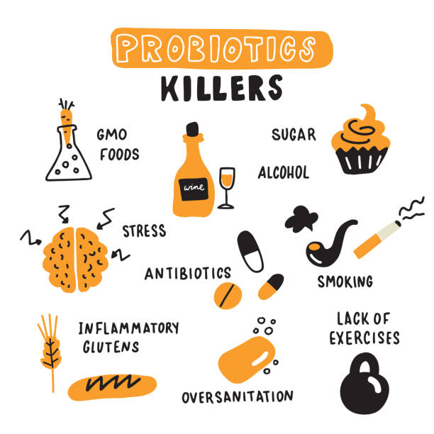 ilustrações de stock, clip art, desenhos animados e ícones de probiotic killers. hand drawn illustration of probiotics killing factors. - alimentos sistema imunitário
