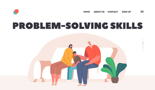 stockillustraties, clipart, cartoons en iconen met problem solving skills landing page template. parents support their child, father and mother comforting upset kid - embrace man woman serious