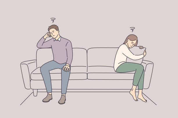 Problems in communication and fight concept Problems in communication and fight concept. Sad unhappy Husband and wife cartoon characters sitting on couch and keeping silence after quarrel at home vector illustration unhappy couple stock illustrations