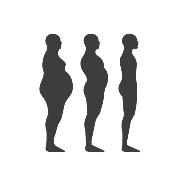 Process of losing weight. Three male black silhouettes isolated on white background Process of losing weight. Three male black silhouettes isolated on white background. Weight loss. Fat. Comparison of body before and after weight loss. Vector illustration obesity stock illustrations