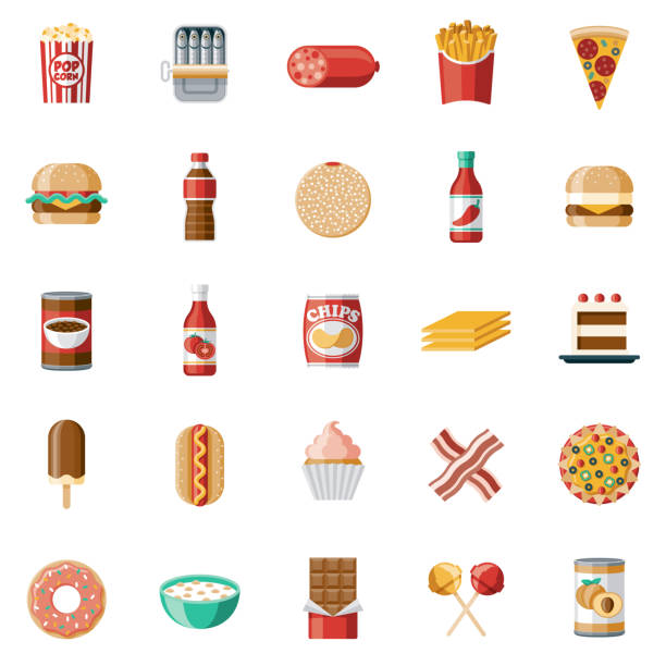 Processed Foods Icon Set A set of processed food icons. File is built in the CMYK color space for optimal printing. Color swatches are global so it’s easy to edit and change the colors. cheese clipart stock illustrations