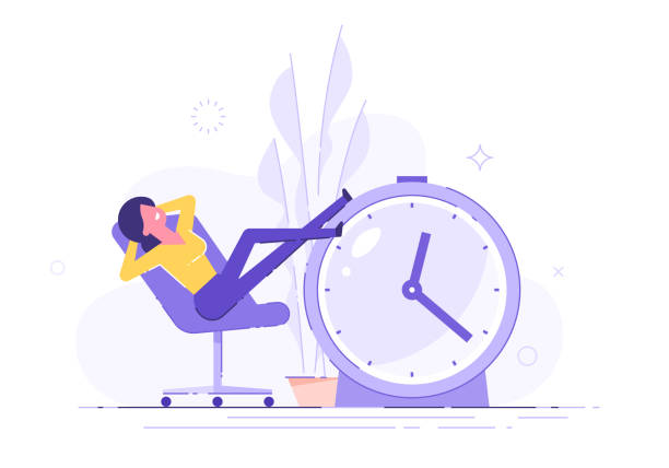 Procrastinating woman sitting in the office with her legs up on an alarm watch. Procrastination and laziness concept. Vector illustration. Procrastinating woman sitting in the office with her legs up on an alarm watch. Procrastination and laziness concept. Vector illustration. wasting time stock illustrations