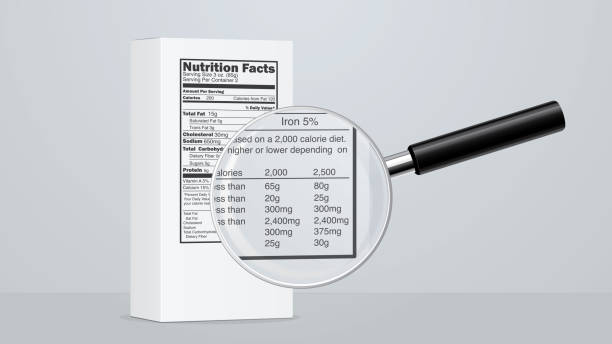 Product box with Nutrition facts label and magnifying lens vector art illustration