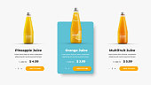 UI product card template for web site. Design with interface elements, button and text for shopping products and adding to the cart. Sample with glass bottles of juice