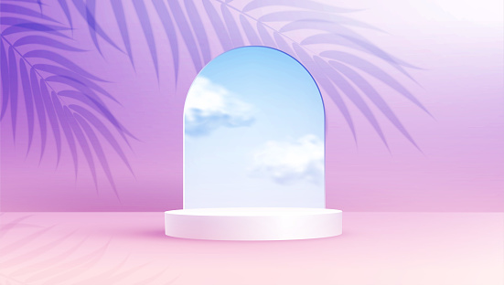 Product display podium decorated with realistic cloud in glass arch frame on summer color pastel background with overlay palm leaves shadow. Pink and purple backdrop. Vector illustration 3D effect