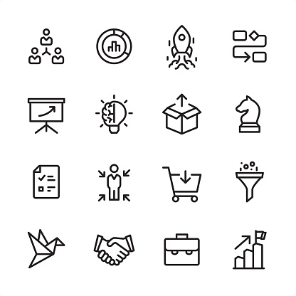 16 line black on white icons / Product Management Set #71
Pixel Perfect Principle - all the icons are designed in 48x48pх square, outline stroke 2px.

First row of outline icons contains: 
Delegation Tasks, Diagram, Launch Rocket (Start Up), Organization Chart;

Second row contains: 
Presentation, Creativity, Product Release, Business Strategy;

Third row contains: 
Checklist, Focus on user, Buying, Separating; 

Fourth row contains: 
Prototype, Handshake, Briefcase, Achievement.

Complete Inlinico collection - https://www.istockphoto.com/collaboration/boards/2MS6Qck-_UuiVTh288h3fQ