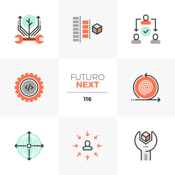 illustrazioni stock, clip art, cartoni animati e icone di tendenza di processo di produzione futuro next icons - organizzazione concetto