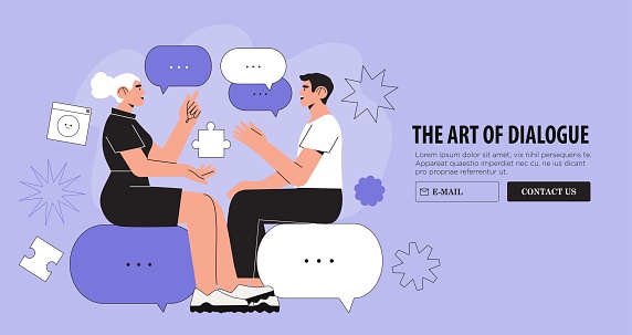 Productive dialogue or conversation between man and woman. Art of business and corporate communication between coworkers, manager and team. People or couple talk or have lively discussion in office.