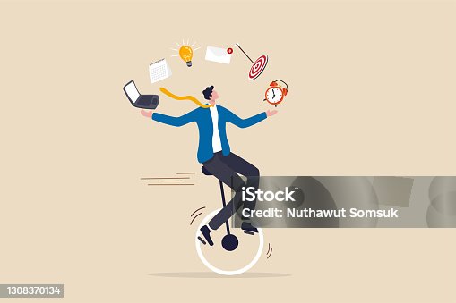 istock Productive master, productivity and project management skill, multitasking work and time management concept, skillful businessman riding unicycle juggling elements, laptop, calendar, ideas and emails. 1308370134