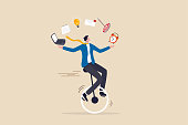istock Productive master, productivity and project management skill, multitasking work and time management concept, skillful businessman riding unicycle juggling elements, laptop, calendar, ideas and emails. 1308370134