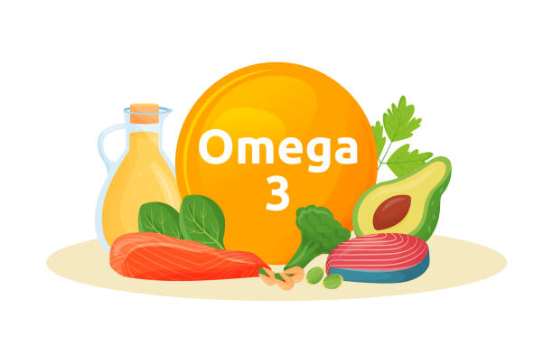 bildbanksillustrationer, clip art samt tecknat material och ikoner med produkter räckvidd omega 3 tecknad vektor illustration - omega 3