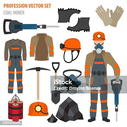 istock Profession and occupation set. Coal mining equipment, miner tools flat design icon 1297470454