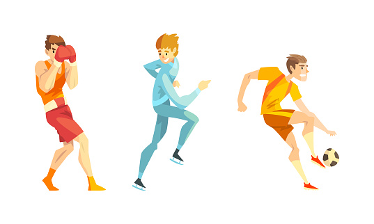 Professional Athletes Doing Sports Set, Male Boxer, Short Track Speed Skater, Soccer Player Cartoon Vector Illustration