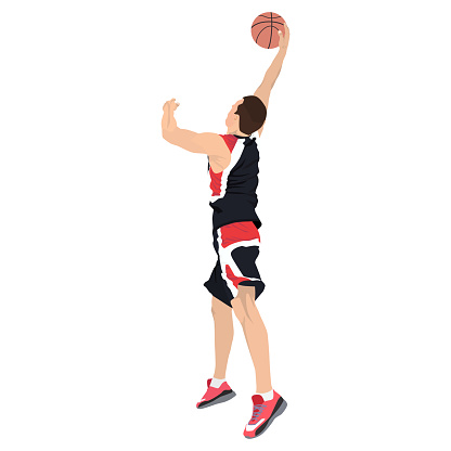 Slam dunk. Basketball shooting technique. Young man athlete, professional basketball player shooting ball into the hoop jumping in the air, vector illustration. Sport and healthy lifestyle. vector