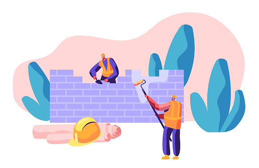 Professional Builder in Uniform in Process Construction Brick Wall. Worker Mason with Spatula Build Brickwork House. Person Hold Paint Roller in Hand. Flat Cartoon Vector Illustration