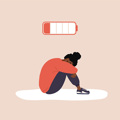 Professional burnout. Exhausted african girl with low battery sitting on floor and crying. Mental health problem. Deadline, stress and fatigue concept. Vector illustration in flat cartoon style