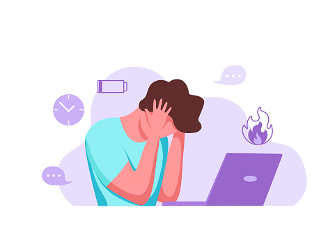 Professional burnout syndrome exhausted man tired sitting at her workplace in office holding her head vector illustration. Concept of emotional burnout, stress, tiredness, mental health problems.