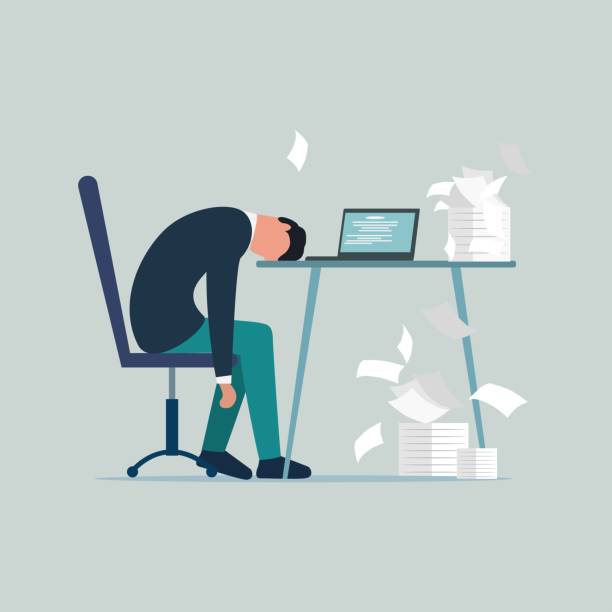 Professional burnout syndrome. Exhausted sick tired male manager in office sad boring sitting with head down on laptop. Frustrated worker mental health problems. Vector long work day illustration  exhaustion stock illustrations