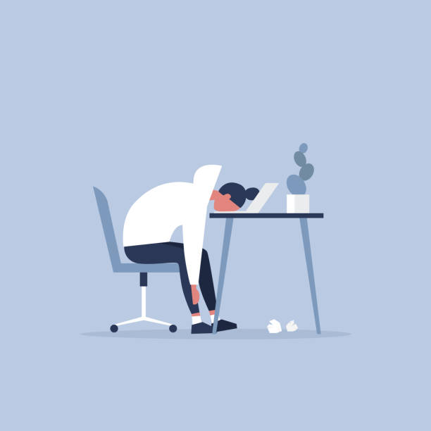 Professional burnout. Young exhausted female manager sitting at the office. Long working day. Millennials at work. Flat editable vector illustration, clip art Professional burnout. Young exhausted female manager sitting at the office. Long working day. Millennials at work. Flat editable vector illustration, clip art sleeping silhouettes stock illustrations