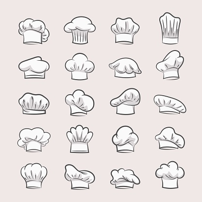 Professional chefs hats set. Headgear contours for confectioner and pastry bakers fashionable uniform design with curls and folds culinary.