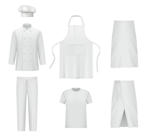 Professional clothes. Chef uniform pants and jacket realistic suit of cook for preparing food decent vector mockup collection Professional clothes. Chef uniform pants and jacket realistic suit of cook for preparing food decent vector mockup collection. Illustration chef professional clothing uniform, pants and jacket to wear chef apron stock illustrations