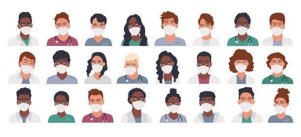 Professional doctor and nurse avatars in mask Professional doctor and nurse avatars in mask and with stethoscope. Medicine professionals and medical staff people isolated on white background. Collection of icons vector illustration in flat style nurse face stock illustrations
