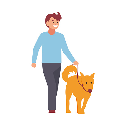 Professional dog walking. A man walks with a pet. Vector illustration isolated on white background