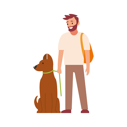 Professional dog walking. A man walks with a pet. Vector illustration isolated on white background