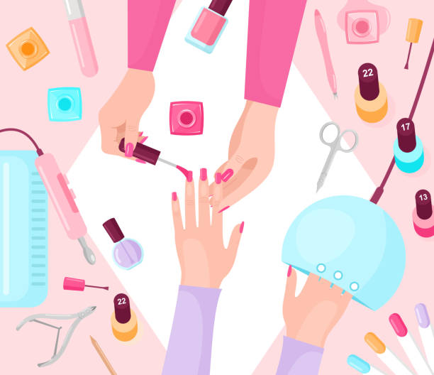 Professional manicure table flat vector illustration Professional manicure table flat vector illustration. Manicurist and female customer hands closeup top view. Cosmetologist varnishing clients fingernails. Fashionable beauty parlor service nail polish bottle stock illustrations