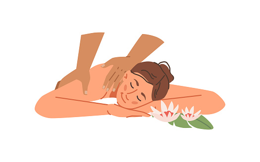 Professional massage in spa salon, relaxation and rest with specialist rubbing muscles on shoulders and relieving back pain. Vector aromatherapy and treatment, wellness and beauty cartoon flat style