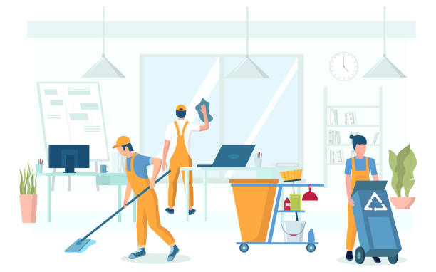 Professional office cleaning services vector concept illustration Professional office cleaning services, vector flat illustration. Male and female characters, cleaning company staff picking up trash, washing window and floor. clean stock illustrations