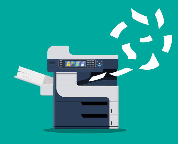 Professional office copier, Professional office copier, multifunction printer printing paper documents. Printer and copier machine for office work. Vector illustration in flat style xerox photocopy machine stock illustrations