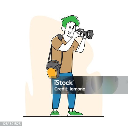 istock Professional Photographer with Photo Camera and Bag on Shoulder Making Picture. Cameraman Expert Job, Creative Hobby 1284621825