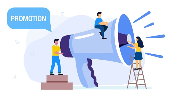 Professional speaker with megaphone Tiny people creative trainees or company members listening to the performance to skilled coach or senior colleague Vector illustration flat design style